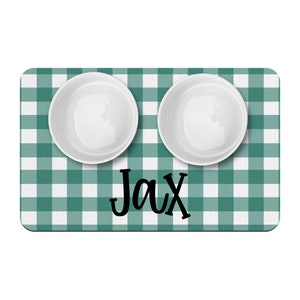 Jade Gingham Personalized Pet Placemat / Custom Dog Bowl Mat / New Puppy Supplies / Farmhouse Style Simple Neutral