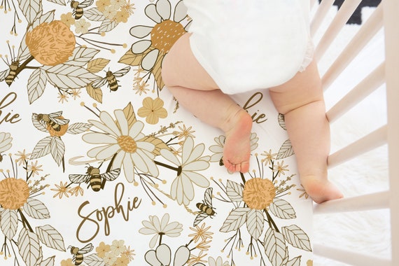 Personalized Bees & Flowers Crib Sheet, Vintage Style Baby Girl Nursery, Changing Pad Cover, Mini Crib Sheet, Minky or Sherpa Blanket, Bees