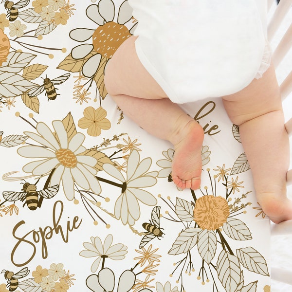 Personalized Bees & Flowers Crib Sheet, Vintage Style Baby Girl Nursery, Changing Pad Cover, Mini Crib Sheet, Minky or Sherpa Blanket, Bees