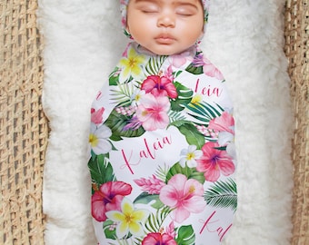 Tropical Luau Hawaiian Hibiscus Swaddle, Blanket Headband Hat Crib Sheet Options, Personalized Baby Shower Gift, Newborn Photos, Tropicana