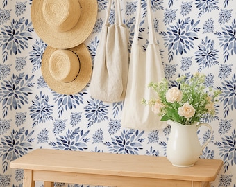 Watercolor Blue Floral Wallpaper, Navy Blue Stamp Look, Peel and Stick Removable, Prepasted Traditional, Bathroom, Bedroom, Kitchen Update