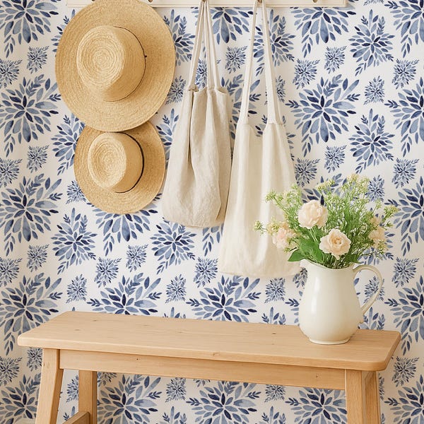 Watercolor Blue Floral Wallpaper, Navy Blue Stamp Look, Peel and Stick Removable, Prepasted Traditional, Bathroom, Bedroom, Kitchen Update
