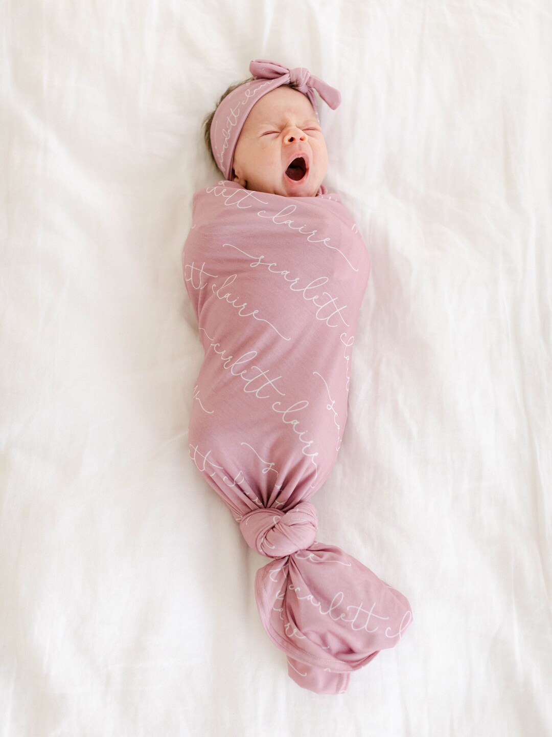 Personalized Baby Swaddle Blanket Set / Newborn Beanie Knotted Hat