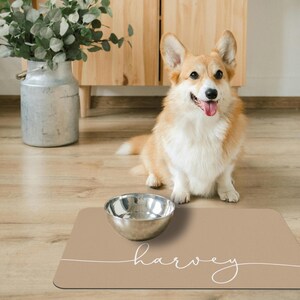 Puede incluir: Una alfombra de comida para perros de color beige con el nombre "harvey" escrito en blanco. Un cuenco de acero inoxidable para perros est&aacute; sobre la alfombra.