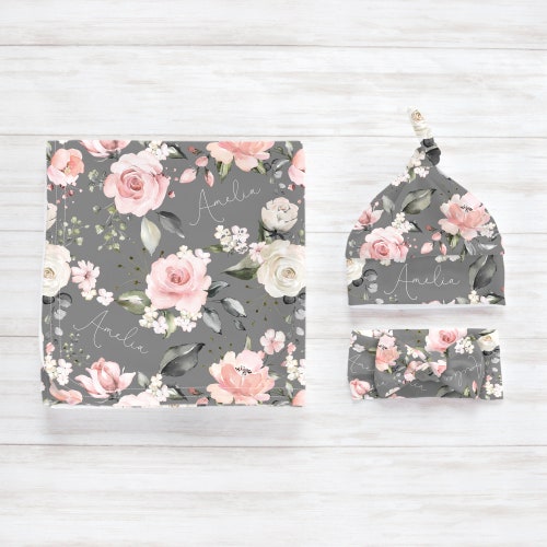 Pink Rose Swaddle Blanket Headband Hat Set / Personalized Baby Etsy