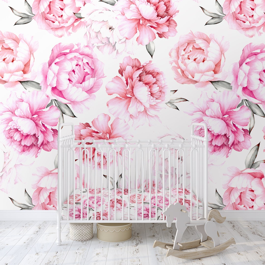 Watercolor Pink Peony Wallpaper / Peel and Stick Removable / Baby Girl ...