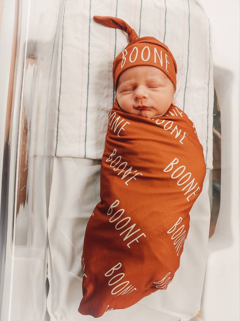 Personalized Baby Swaddle Blanket Set / Newborn Beanie Knotted Etsy