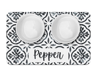 Mosaic Tile Print Personalized Pet Placemat, Custom Dog Bowl Mat, New Puppy Supplies, Farmhouse Style Simple Neutral, Gift for Dog Cat Lover