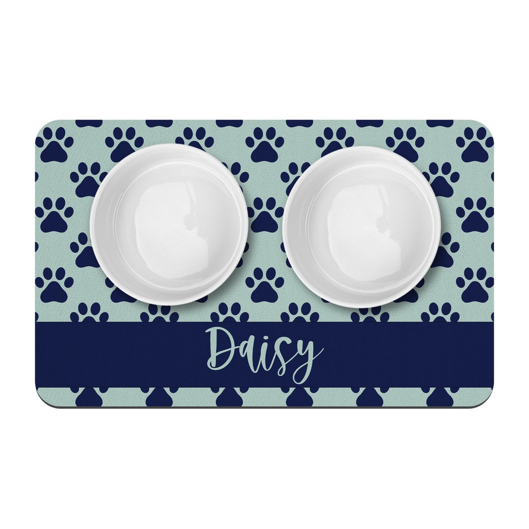 Paw Prints Personalized Dog Bowl Mat / Navy Aqua / Custom Pet Placemat