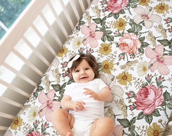 Baby Bedding / Vintage Boho Floral Sheet / Muted Colors Nursery / Changing Pad Cover / Mini Crib Sheet Option / Birdie Collection