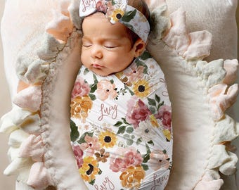 Fall Muted Pink Yellow Green Floral Swaddle Blanket Headband Hat Set / Personalized Baby Shower Gift / Hospital Newborn Photos Prop / Autumn