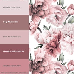 May include: A design featuring pink peonies on a white background, with a colour palette to the left. The palette shows paint swatches with names including "Orleans Violet" and "Cherokee Brick". The text "Paint color suggestions for reference only" is at the bottom.
