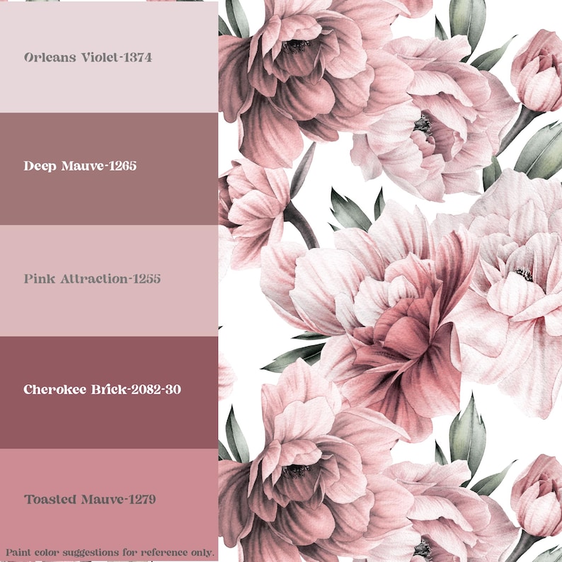 May include: A design featuring pink peonies on a white background, with a colour palette to the left. The palette shows paint swatches with names including "Orleans Violet" and "Cherokee Brick". The text "Paint color suggestions for reference only" is at the bottom.
