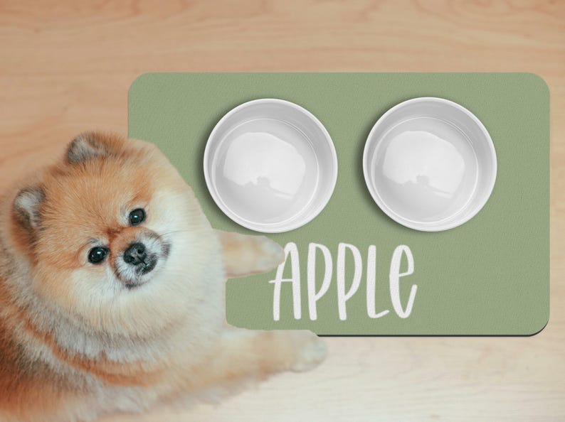 May include: A green pet food mat with two white ceramic bowls and the word "APPLE" printed on it. A small, fluffy, light brown dog is sitting in front of the mat.