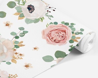 Faux Gold Glitter Peony Anemone Floral Wallpaper, Peonies Eucalyptus Flower Garden, Peel and Stick Removable, Prepasted Traditional Mural