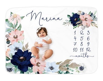 Nautical Floral Milestone Blanket/Monogram Custom Photo Baby Blanket/Growth Chart/Month Growth Tracker/Navy Pink Beach Flower Custom