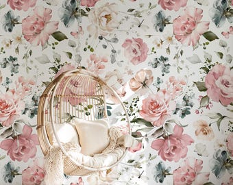 Pink Garden Floral Butterfly Wallpaper, Peel Stick Removable, Prepasted Unpasted Traditional Permanent, Baby Girl Nursery Decor, Mae Flower