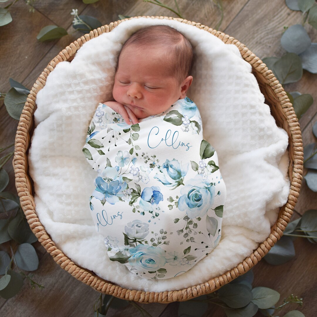 Blue Floral Rose Swaddle Blanket Headband Hat Set / Blue Roses