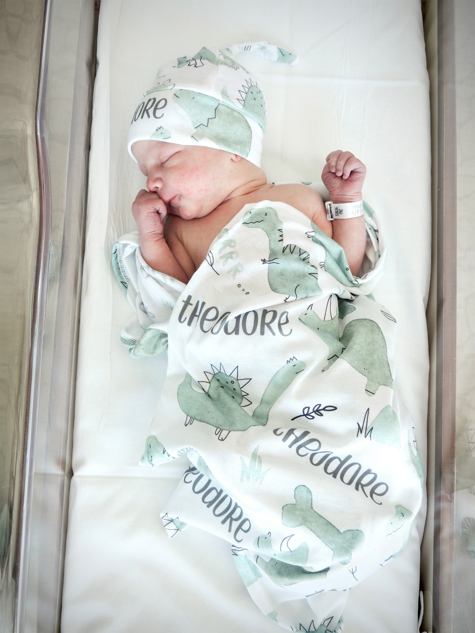 Dinosaur Personalized Swaddle Blanket Set, Newborn Baby Knotted Hat Set, Baby Shower Gift New Mom Hospital Photos, Coming Home Outfit Green