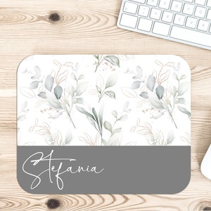 Personalized Eucalyptus and Gold Glitter Desk Accessories, Mouse Pad, Desk Mat, Wrist Rest, Phone Stand, Coaster, Floral Name Christmas Gift