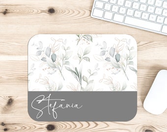 Personalized Eucalyptus and Gold Glitter Desk Accessories, Mouse Pad, Desk Mat, Wrist Rest, Phone Stand, Coaster, Floral Name Christmas Gift