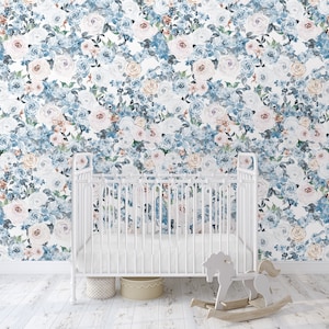 Blue Garden Floral Wallpaper, Peel Stick Removable, Unpasted Traditional Option, Romantic Vintage Small Print Classic Girls Nursery Playroom