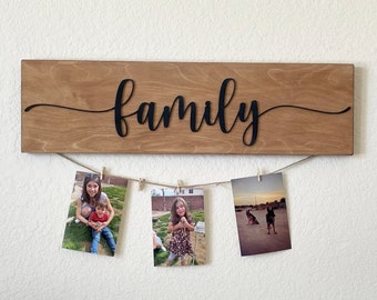 Wood Family Picture Hanging Sign, Photo Display, 2 Layer Baltic Birch, Tan and Black Stain Colors, Twine and Mini Clothespins