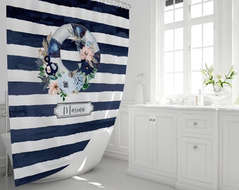 Personalized Nautical Shower Curtain / Beachy Coastal / Extra Long Shower Curtain / Custom Bath Decor / Marina Collection