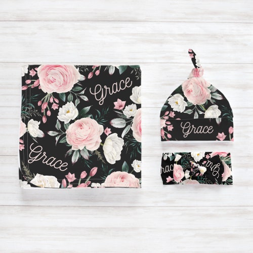 Pink Rose Swaddle Blanket Headband Hat Set / Personalized Baby Etsy