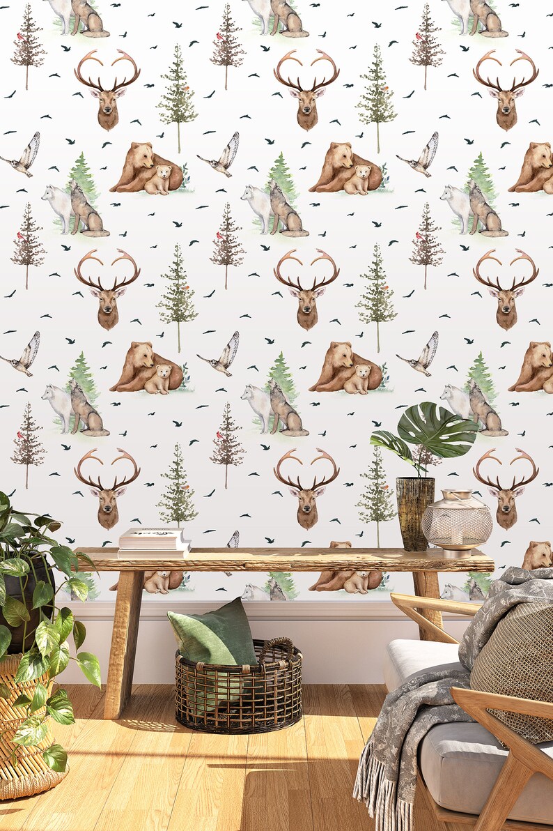 Woodland Forest Animals Wallpaper / Peel and Stick Removable / - Etsy