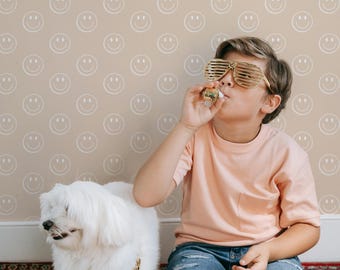 Neutral Happy Face Wallpaper Peel and Stick or Traditional, Beige Smile Face Wall Mural for Nursery, Kids Room or Playroom Decor