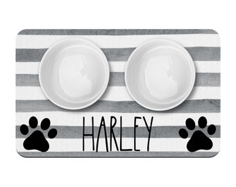 Paw Prints and Grey Stripe Personalized Pet Mat / Pet Name / Dog Cat Bowl Mat / Pet Supplies / Farmhouse Style Watercolor Stripe
