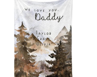 Personalized Daddy Blanket / Brown Trees Mountains / Woodland / Kids Names / Daddy Grandpa Papa Blanket / Gift From Kids / Fathers Day Gift