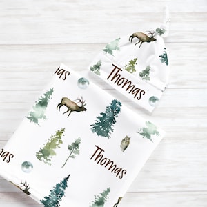 Woodland Forest Swaddle Blanket Set, Personalized Boy Newborn Knot Hat, Baby Shower Gift New Mom, Country Hunting Deer, Expecting Mother