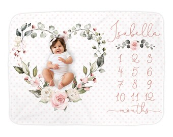 Soft Pink Heart Floral Rose Milestone Blanket/Monogram Custom Photo Baby Blanket/Growth Chart/Month Growth Tracker/Watch Me Grow/Baby Shower