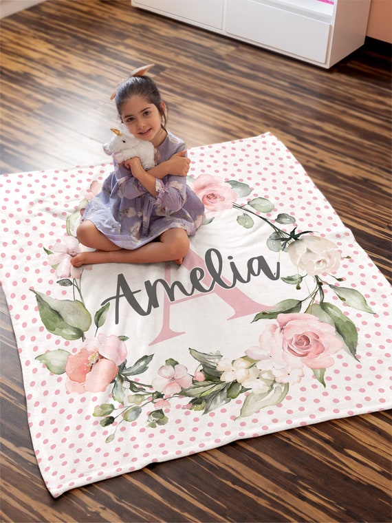 Monogram Personalized Name Blanket Toddler Girl Pink Rose Pink Polka Dot Sherpa Christmas Present Cuddly Kid Personalized Baby Shower Gift