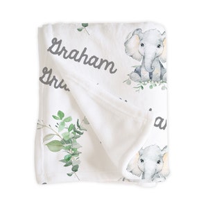 Personalized Elephant Blanket, Baby Boy, Custom Name, Minky or Sherpa, Infant Newborn Toddler Tween, Graham Collection