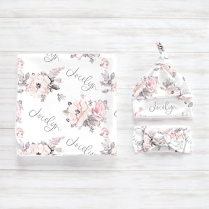 Pink Peony Personalized Baby Swaddle Blanket Set, Newborn Headband Knotted Hat, Girl Mom Shower Gift, Custom Print Name Pastel Floral Penny