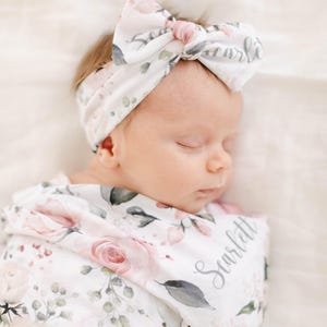 Soft Floral Rose Swaddle Blanket Headband Hat Gown Set, Personalized Baby Shower Gift, Hospital Newborn Photos Prop, Coming Home Pink Flower