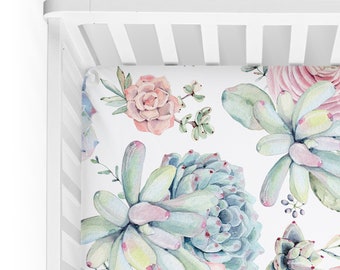 Succulent Crib Sheet / Pink Purple Green Pastel Cactus Desert Bloom Nursery / Changing Pad Cover / Mini Crib Sheet Option / Pippa Collection