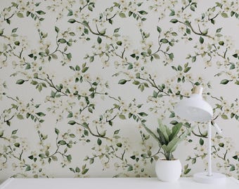 Tree Bloom Wallpaper, Tree Vine Flowers Botanical, Green White Floral, Peel Stick Removable, Elegant Grandmillenial Vintage Chinoiserie