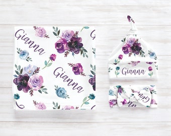 Purple Flower Swaddle Set, Baby Girl Swaddle Personalized, Lavender Floral Shower Gift, Newborn Hospital Photos Birth Reveal Headband Gianna