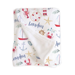 Nautical Baby Blanket, Personalized Name, Lighthouse Sailboat Anchor Crab, Newborn Infant Boy Shower Gift, Teen, Tween, Landon Collection