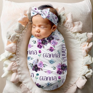 Purple Rose Swaddle Blanket Headband Hat Set, Personalized Floral Baby Shower Gift Hospital Newborn Photos Prop, Coming Home Present New Mom