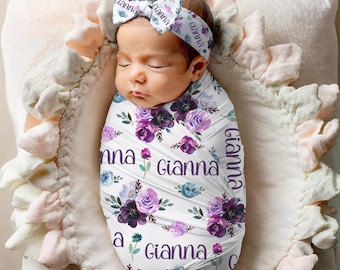 Purple Rose Swaddle Blanket Headband Hat Set, Personalized Floral Baby Shower Gift Hospital Newborn Photos Prop, Coming Home Present New Mom