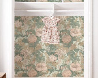 Muted Green Pink Vintage Botanical Wallpaper, Romantic Small Scale Flowers, Muted Colors, Peel Stick Removable, Elegant French Vintage
