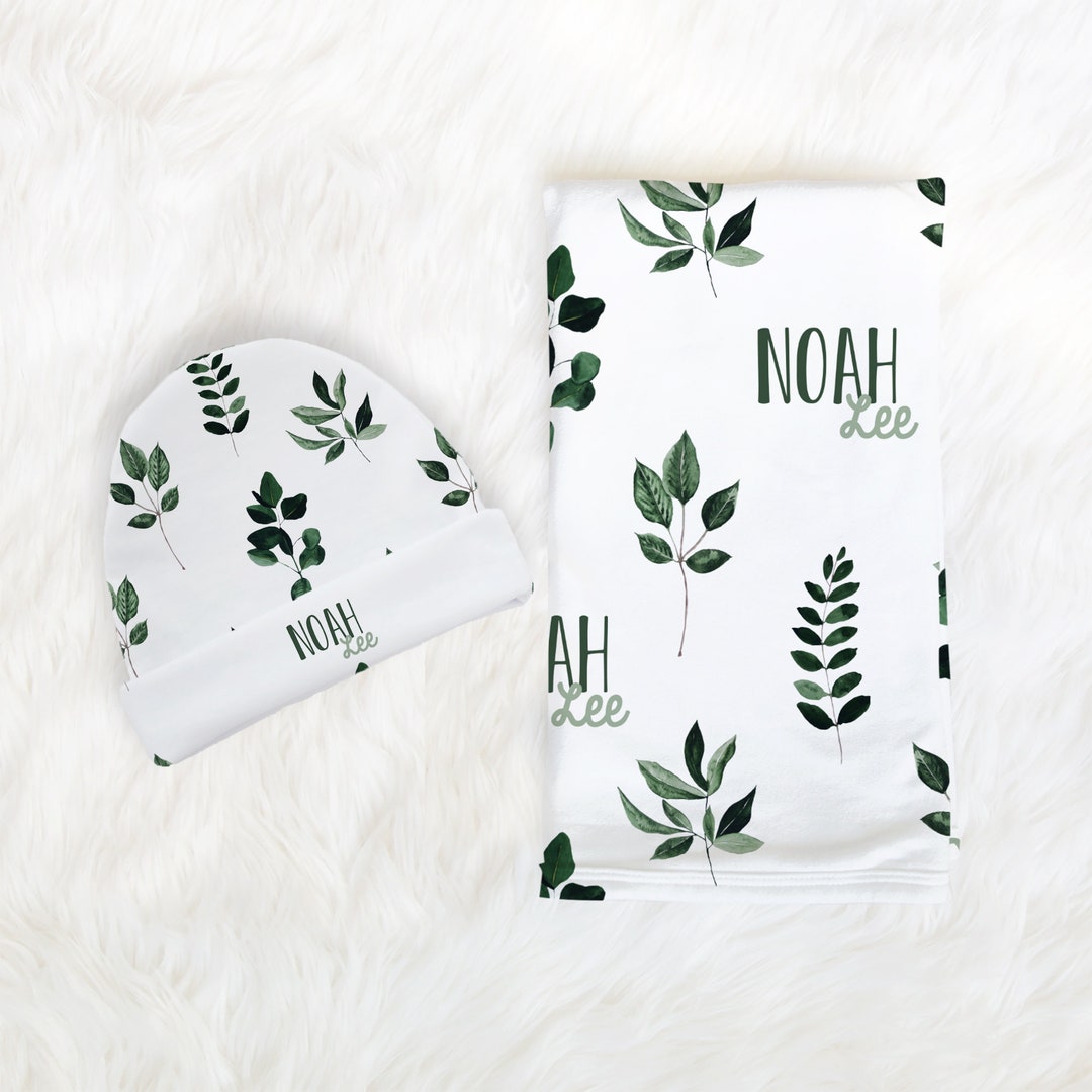 Two Names Green Leaf Swaddle Blanket / Hat / Headband / Two Etsy