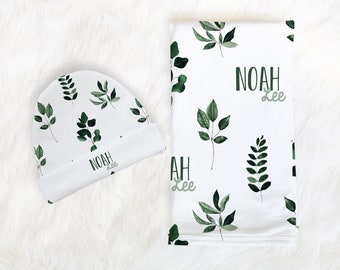 Two Names Green Leaf Swaddle Blanket / Hat / Headband / Two Fonts & Colors / Baby Boy / Gender Neutral / Olive Leaf / Noah Lee Collection