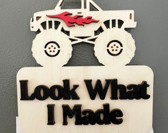 Personalized Monster Truck Look What I Made Magnet, Add Your Childs Name, Kid Refrigerator Art, Artwork Display, 3D Wood