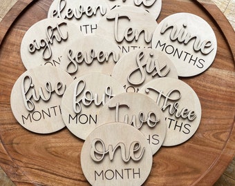 Wooden Monthly Milestone Disc for Baby's First Year Photos, Raised 3D Letters, Shower Gift, Expecting Mom, Personalized Name, Newborn